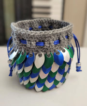 Load image into Gallery viewer, Dragon Scale Dice Bag - Blue, Green, and Silver Metallic Scales
