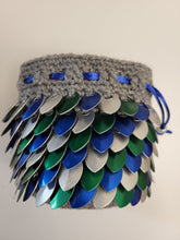 Load image into Gallery viewer, Dragon Scale Dice Bag - Blue, Green, and Silver Metallic Scales
