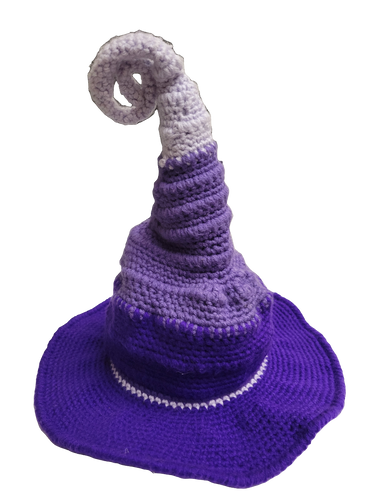 Crocheted witch hat in 3 different shades of purple