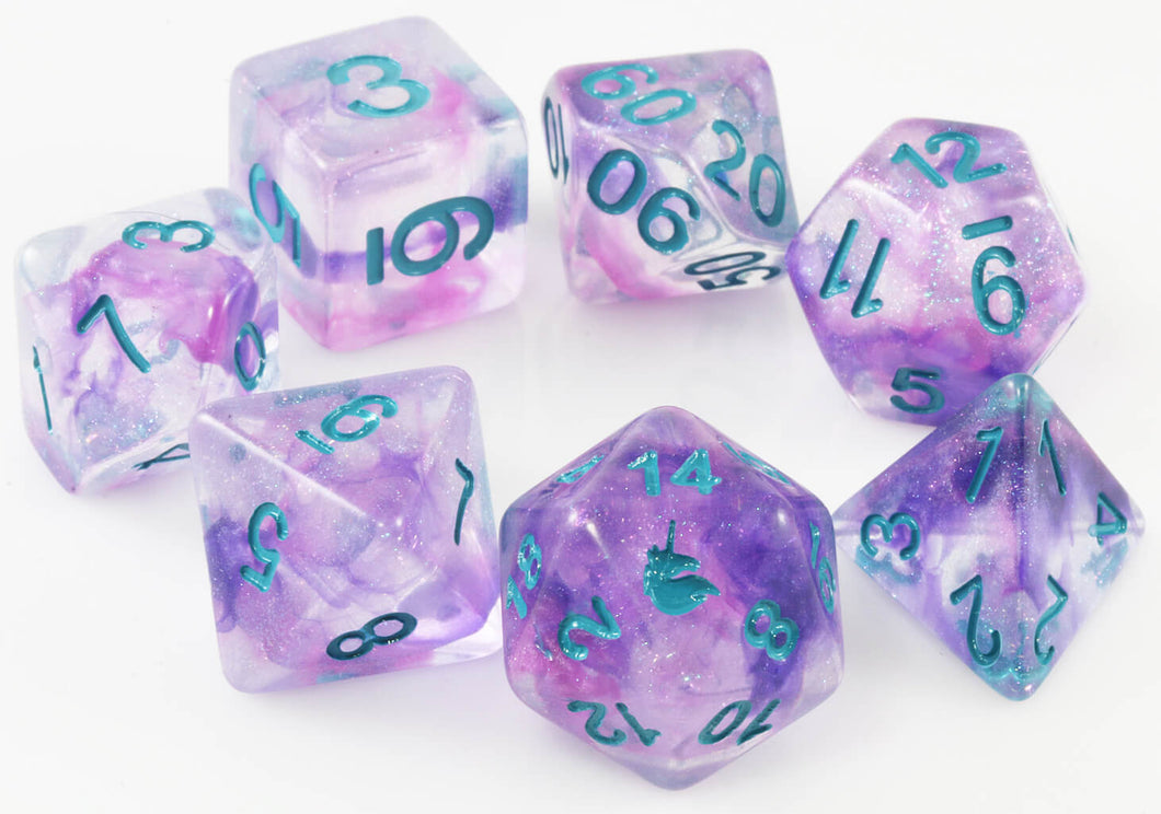 MDG 16mm Unicorn Resin Polyhedral Dice Set: Violet Infusion (7)