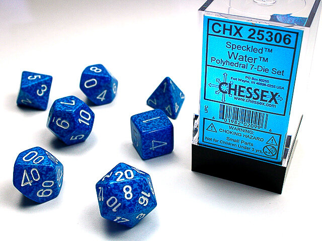 7 piece dark and light blue dice set with white numbers