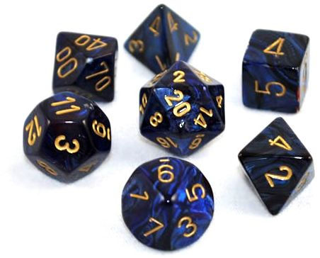 7 piece black and blue dice set with gold numbers