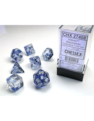 Transparent black/gray 7 piece dice set with white numbers