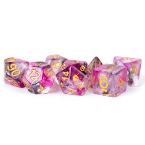 Unicorn pink, gray, and transparent 7 piece dice set with gold numbers