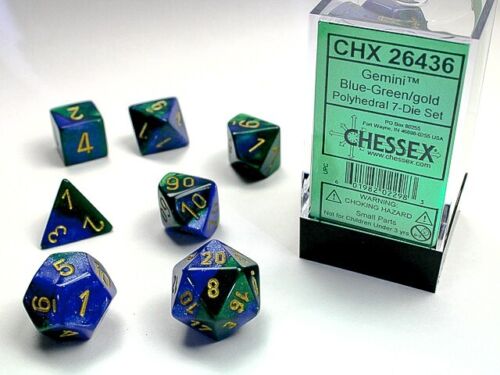 Blue green 7 piece dice set with gold numbers